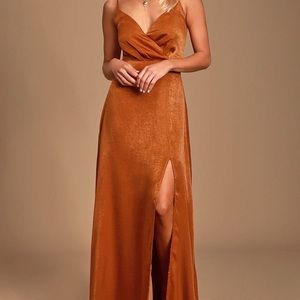 Rust orange satin maxi dress from Lulu’s